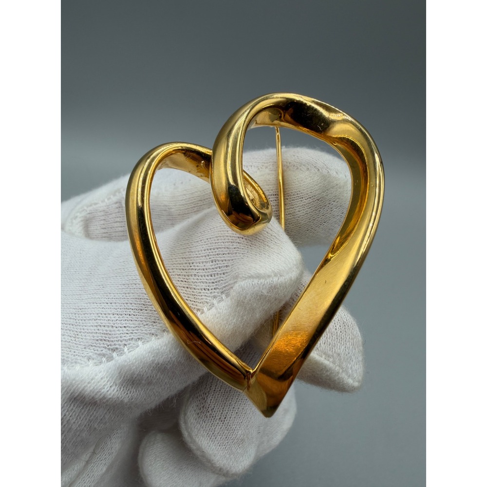 Vintage Anne Klein AK Gold Tone Heart Brooch Large Modernist 80s Statement #1023
